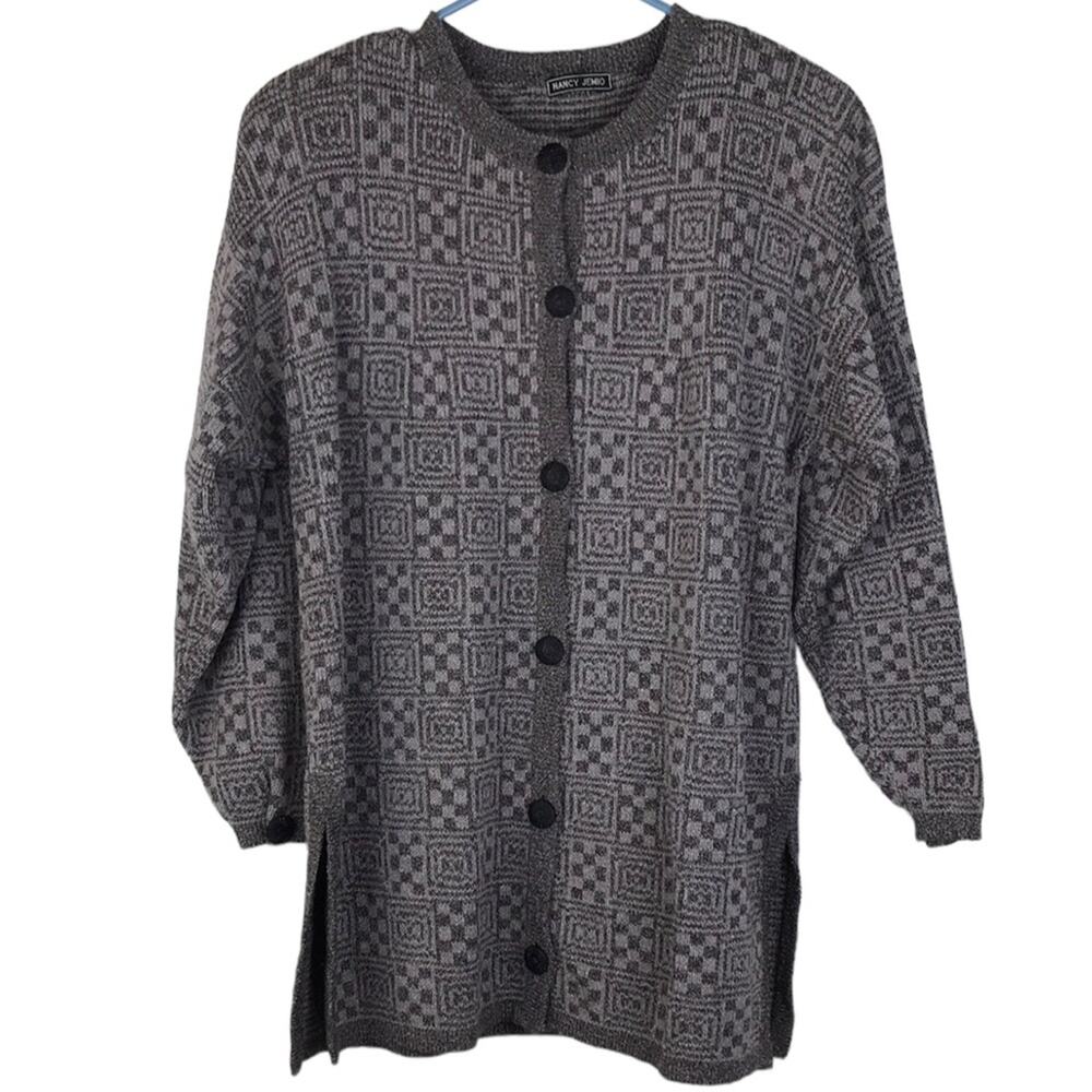 Nancy Jemio Hand Knit Cardigan Sweater Jacket Button Up Geometric Checked Medium